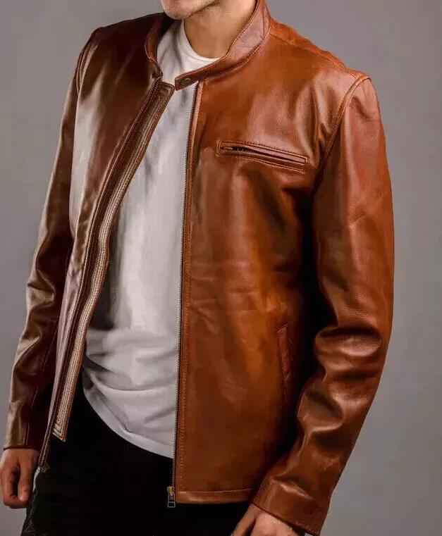 Handmade Men Biker Motorcycle Stylish Brown Real Hot Lambskin Leather Jacket
