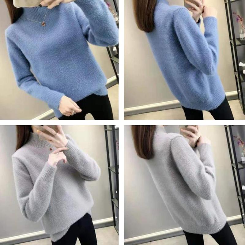 Golfy Jednokolorowe Elastyczne Swetry Casualowe Damskie Jesienno-zimowe Swetry Z Długim Rękawem Sweter Dzianinowy