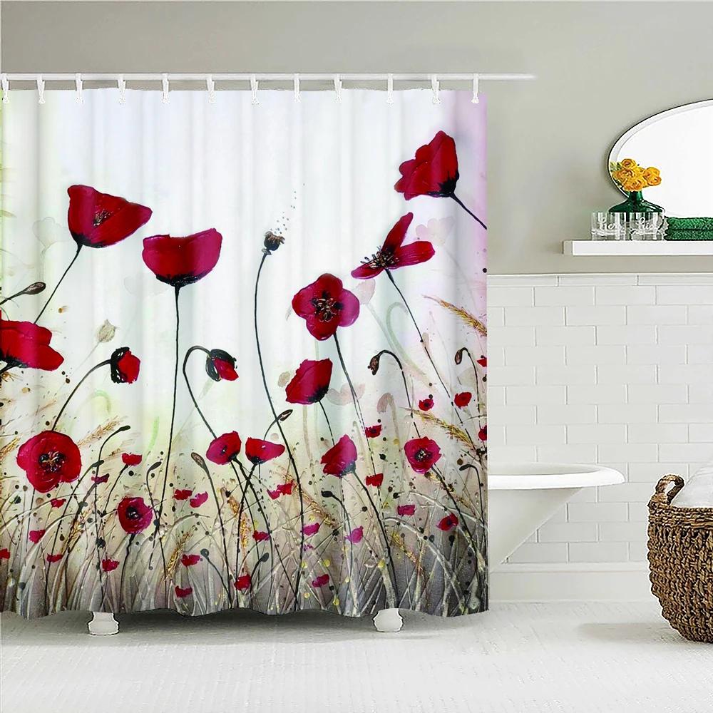 Romantic Retro Blooming Flowers Shower Curtain Garden Bath Curtains Waterproof Polyester Bathroom Shower Curtains Set with Hooks