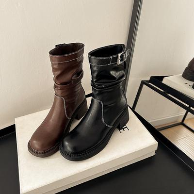 ~ Medium Boots Women's Autumn and Winter Maillard Thick-soled Thick-heeled Retro Martin Boots Versatile and Thin Short Boots
