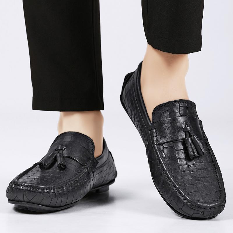 Crocodile Pattern Men Loafers Business Style Moccasins Genuine Leather Slip On Footwear Party Mens Boat Flats Tassel Walk Shoes