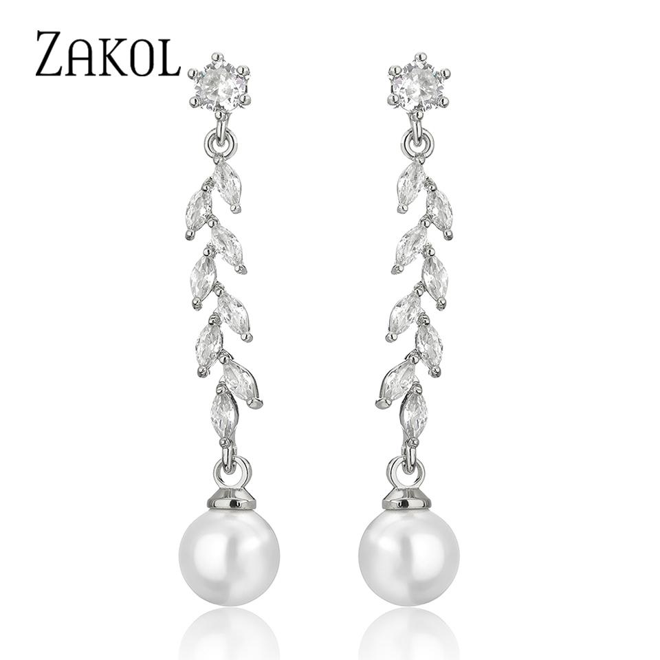 ZAKOL Elegant Zircon Long Drop Earring for Women Luxury Glamor Bridal Earring Shiny Zircon Wedding Zircon