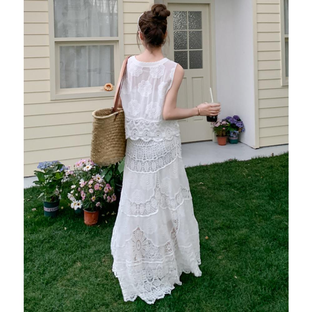 DIMANAF 2025 Women New Suit Skirt Knitting Beach Sleeveless Lace Hollow Out Sexy O-Neck Hollow Summer Style Tops Tees Loose Basic