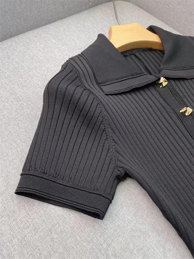 Elegant French-Style Short-Sleeve Knit Dress with Lapel & Waist Detailing, Summer 2024
