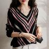 Women's Slimming V-Neck Striped Long-Sleeve Sweater – Versatile Autumn/Winter Fashion.