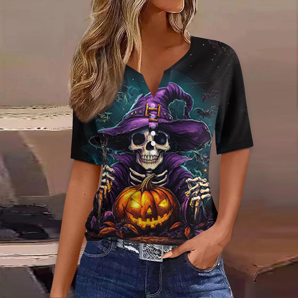 Women's T Shirt Tee Halloween Printed Button Short Sleeve Tunic Daily Weekend Fashion Basic V- Neck Regular Top