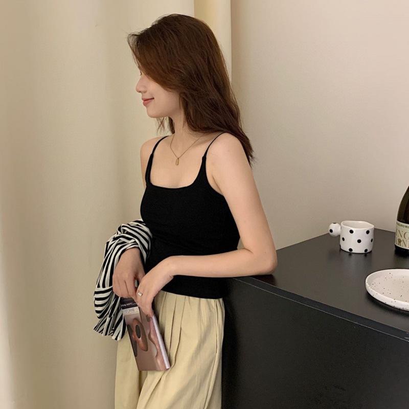 

New slim-fitting and thin, versatile sling vest with chest pad backing, solid color top, inside and outside women s wear one size fits all (40-60kg ) чёрный