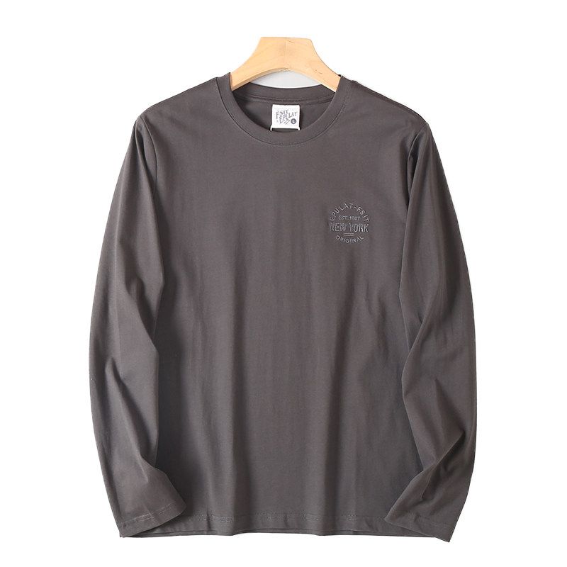 Heavy Industry Letter Embroidery! Autumn Men's Cotton Long Sleeves Shirt Foreign Trade Export Orders Solid Round Neck Bottoming Shirt