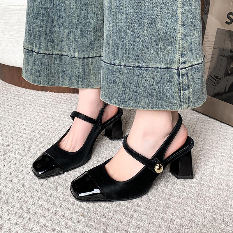 

Fashion Square Heels Mary Janes Square Toe Med Heels Flats Spring/Autumn Solid Color Women s Shoes Buckle Strap Fashion Ladies Sandals 35 чёрный