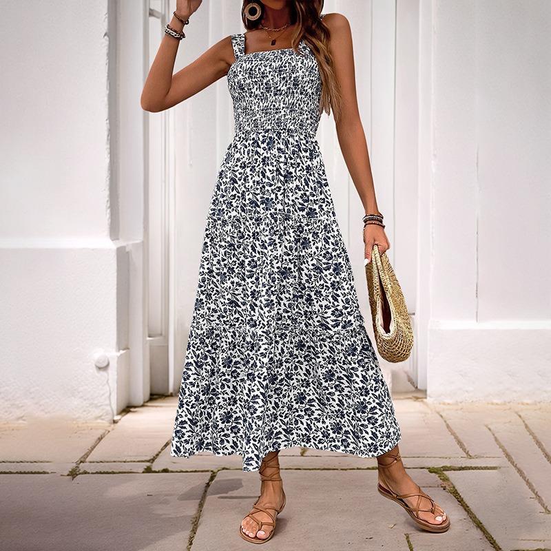 Summer Long Sleeveless Elastic Waisted Printed Camisole Dress