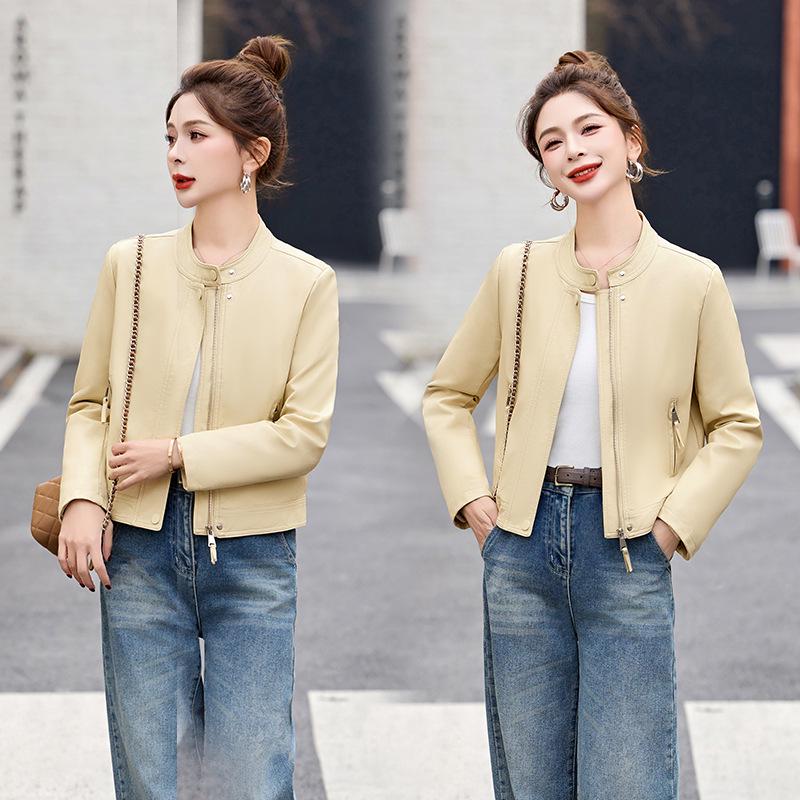 

2025 Весенняя женская короткая куртка из ПУ кожи со стойкой - Маленький повседневный стиль Z88096 XXL (Weight 128-140 Jin) бежевый