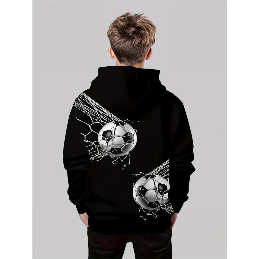 Boys' 3D Printed Football and Spider Web Pattern Hoodie - Black Casual Long Sleeve Sports Top