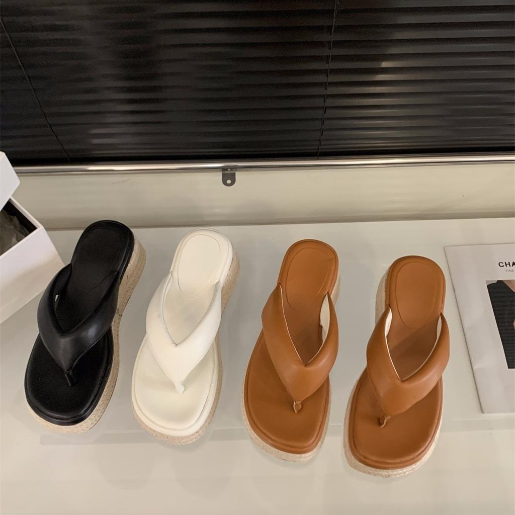 Wedge heel heel heightened pinch flip-flop shoes women's shoes wear straw platform shoes high heel sandals