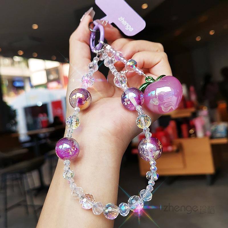 Purple peach pendant, crystal mobile phone lanyard ins women s bracelet, premium wrist pendant, beaded chain short. Purple peach pendant crystal bracelet