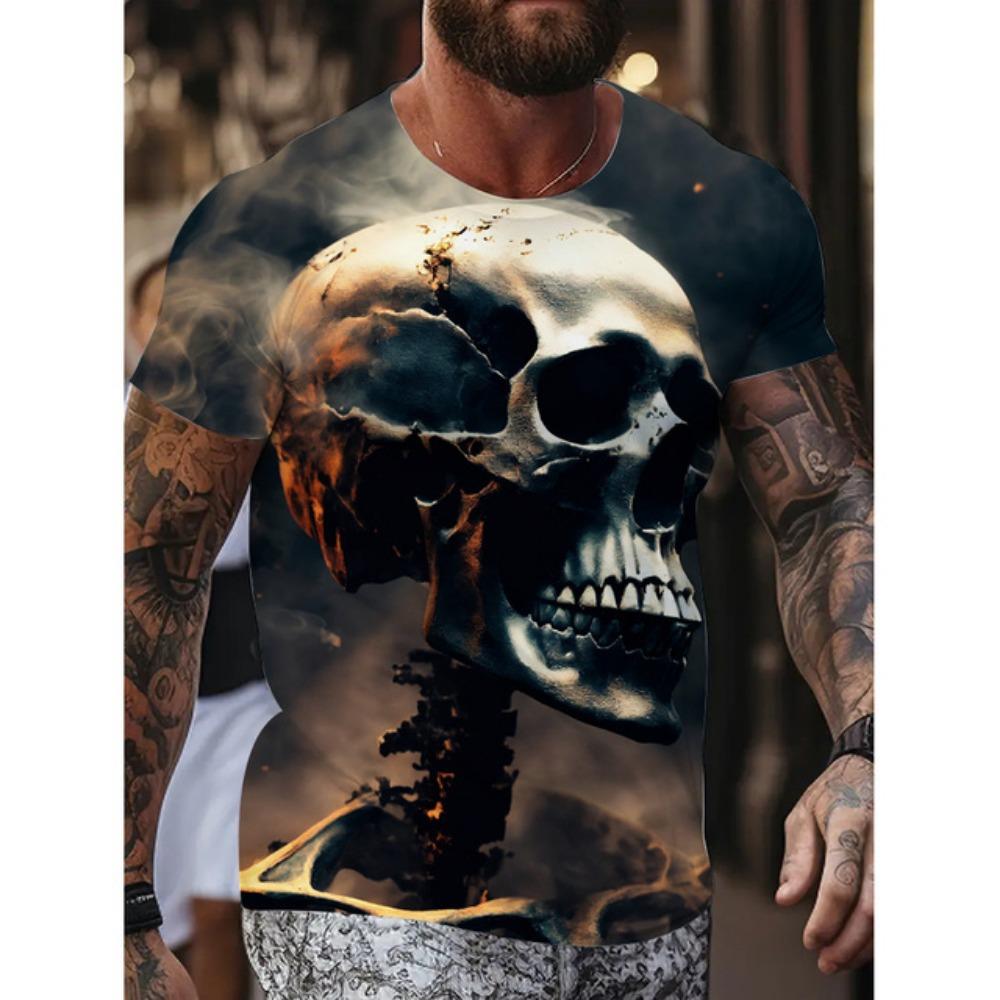 New Men's Fun Skull Pattern T Shirt Suit Mob Skull Print Short Sleeve Summer Casual Loose Round Neck T Shirt Breathable Top