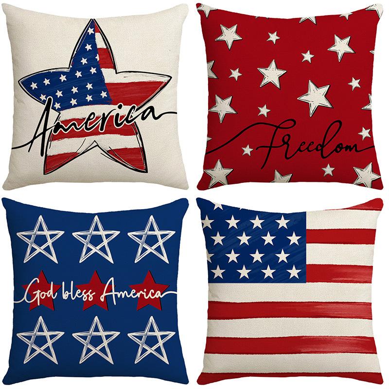 Suministros de Decoración para el Hogar Funda de Cojín de Lino Día de la Libertad Estampado de Texto Pentagrama Funda de Almohada para Sofá