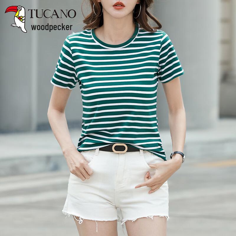 Woodpecker Women s Striped Cotton T-shirt L зелёный