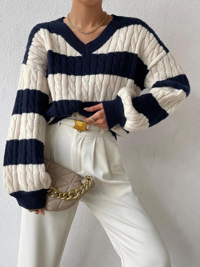 New Autumn Lazy Loose V-Neck Cable Knit Striped Sweater Long Sleeve