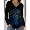 Großformat Damen Herbst und Winter Damenmode Bedrucktes Lässiges V-Ausschnitt Langarm-T-Shirt
