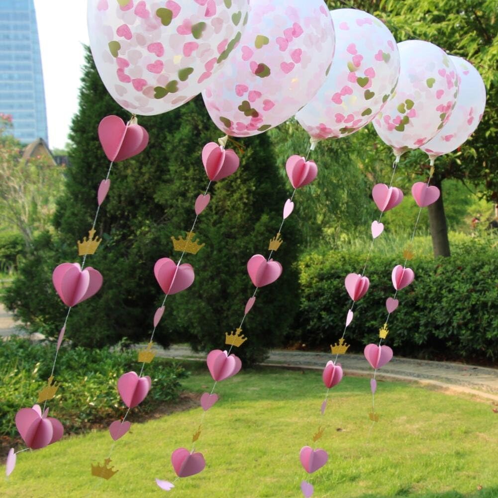 Gold Pink 3D Paper Heart Crown Garland Girl Princess Birthday Party Nursery Room Decor Balloon Tail Pack of 5
