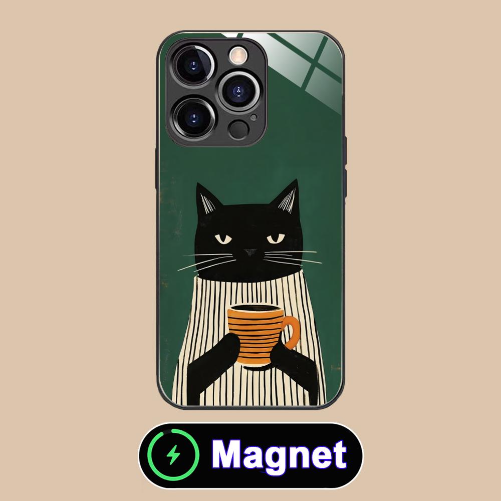 

Cute Coffee Cat Glass MagSafe Mobile Phone Case for iPhone 17 16 15 14 13 12 11 Air Pro Max Plus Mini Colorful Cover iPhone 11 Pro Max