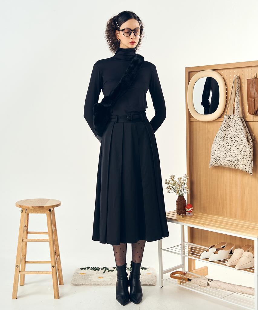 Pelimela Satin A-Line Belted Skirt Set (Black)
