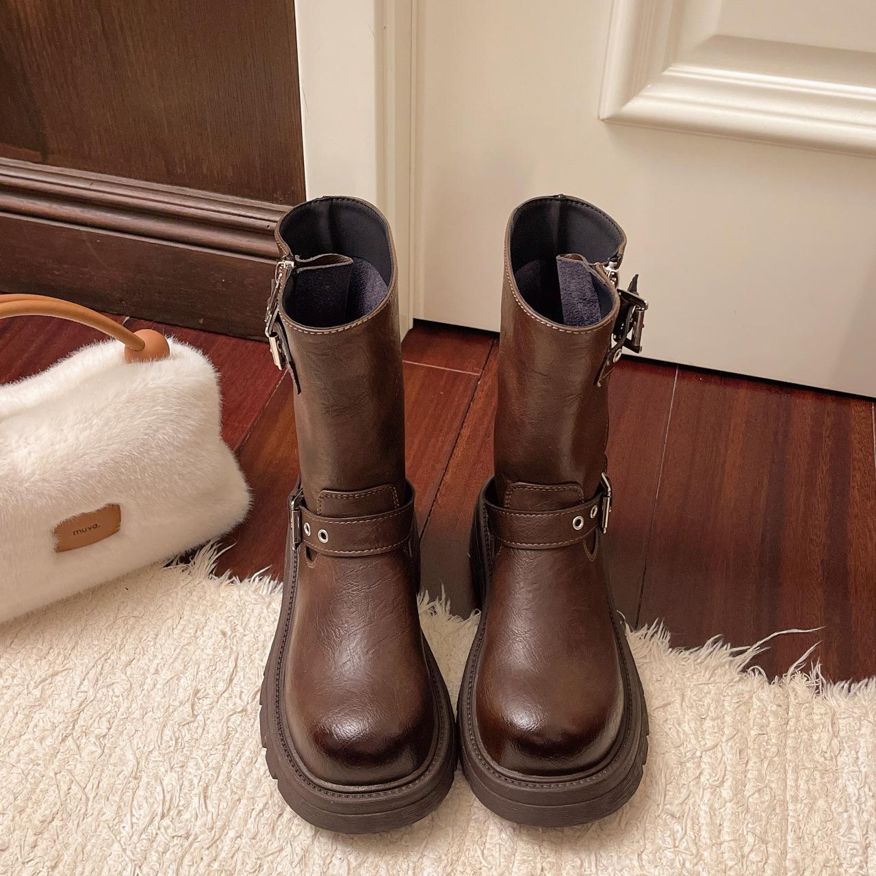 

Star with the same new leather metal buckle trouser tube boots medium boots black thin versatile small short boots fashion boots 40 коричневый