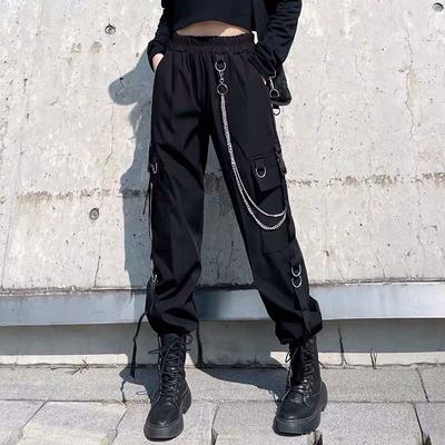 Cargo Pants For Men Skinny Chain Pants Women Joggers Black High Waist Loose Female Trousers Korean Style Ribbon Ladies Active Pants
