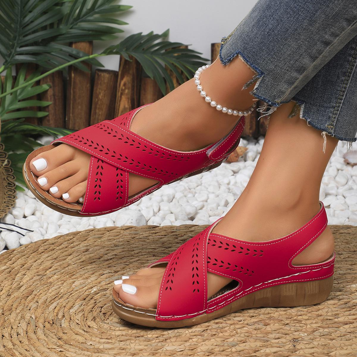 

slope heel thick sole large size hollow light sole Velcro sandals women 36