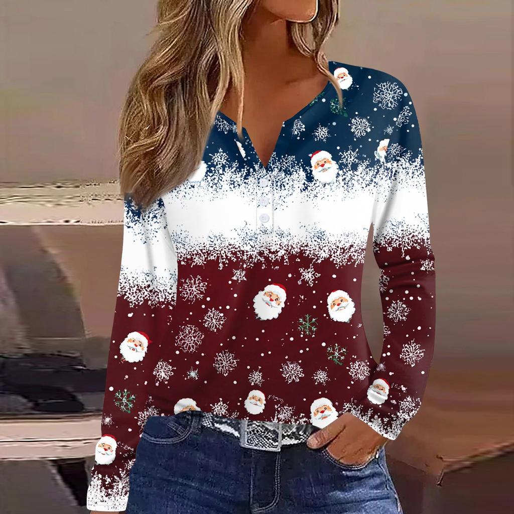 Women's T Shirt Tee Christmas Printed Button Long Sleeve Tunic Daily Weekend Fashion Basic V- Neck Regular Top