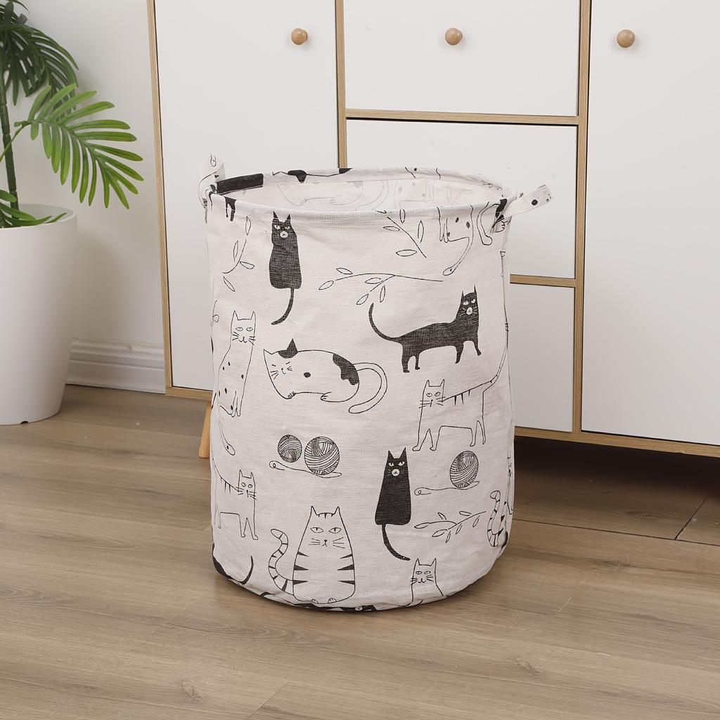 Foldable Round Laundry Basket with Adorable Cat Pattern Home Use Dirty Clothes Hamper Toy Clothes Storage Washing Clothes Hamper