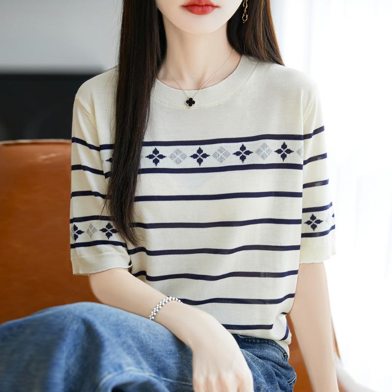 Women Knit T-shirt MODERN NEW SAGA Summer Knitted Shirt Short Sleeve Tees O-neck Patchwork Pullover Knit Tops