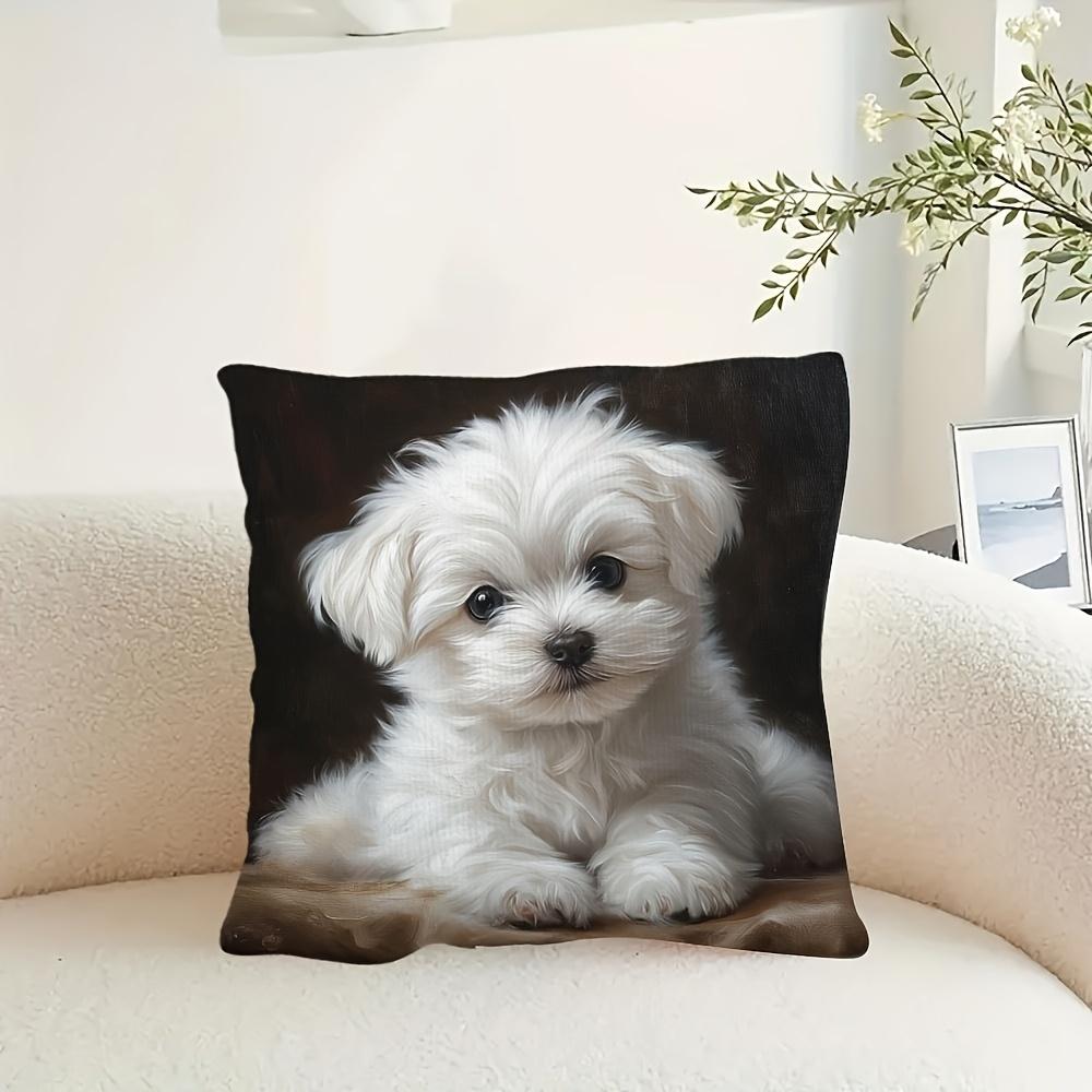 1Pc Cute Maltese Puppy Printed Throw Pillow Cover, Suitable For Sofa, Bedroom, Living Room, A Heartwarming Gift For Dog Lovers.