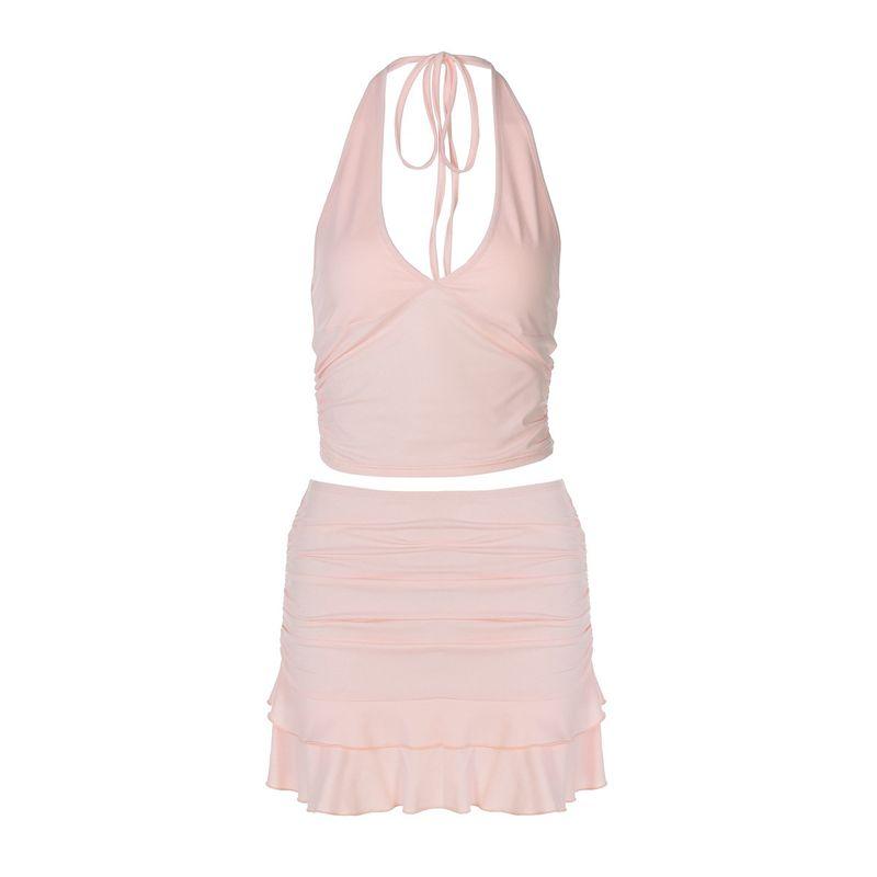Neck Tied Top, Hip Hugging Skirt Set Halter Lace-up Tops Bodycon Dress Suit