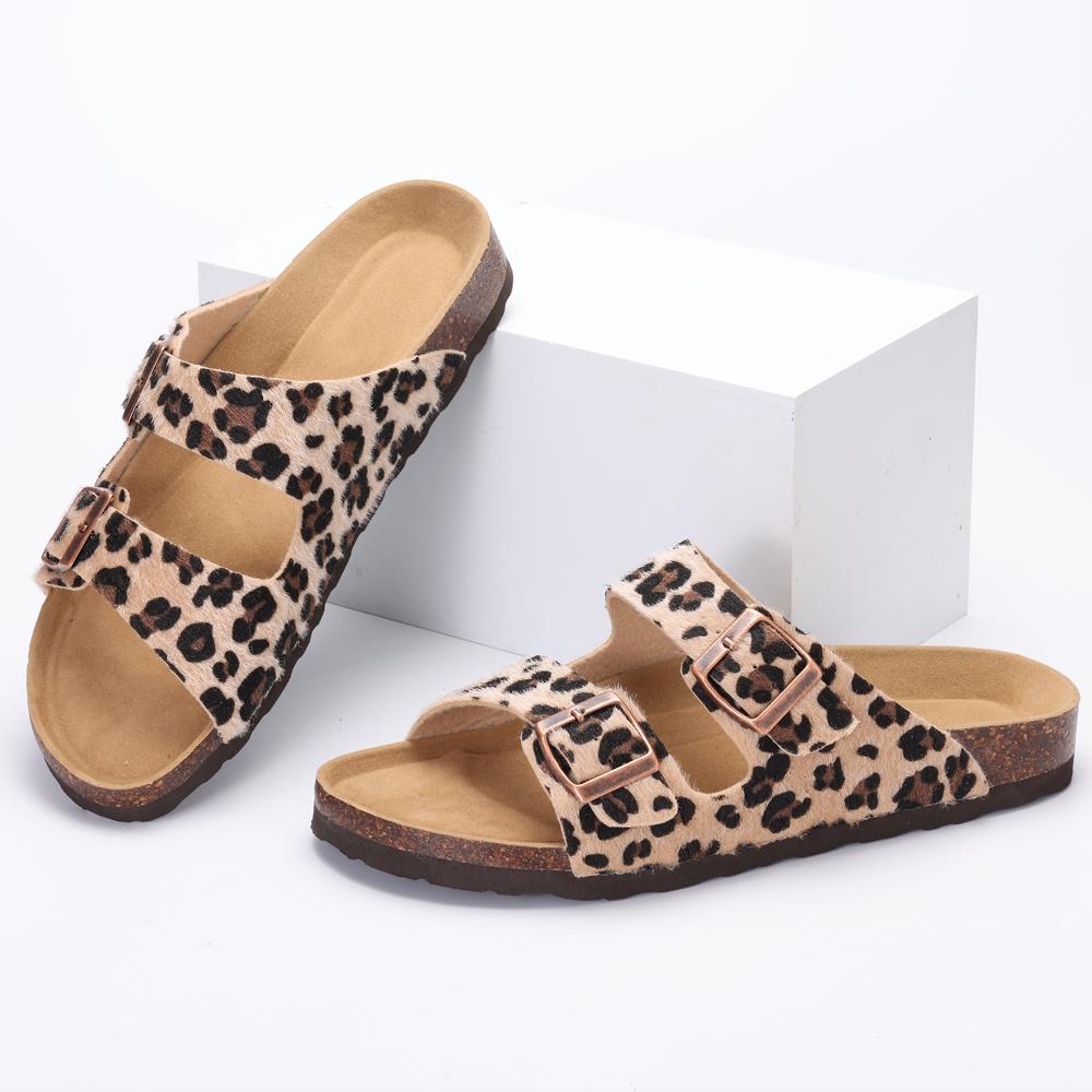 Fashion Litfun Classic Women's Sandals Casual Cork Footbed Flat Bottom Slippers Open Toe Leopard Designed Slides With Adjustable Buckle