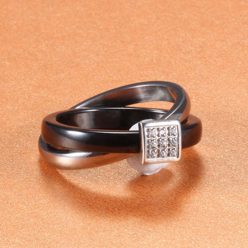 European & American 7MM Zirconia Inlaid Stainless Steel Black Silver Ceramic Women's Ring