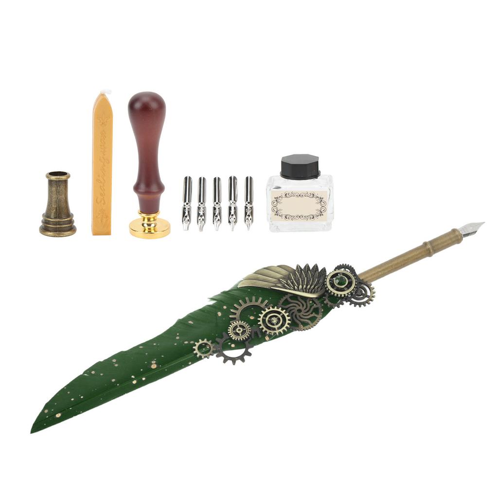 Retro Pen Set Vintage Map Pattern Quill Pen Set with 5 Replacement Nibs Pen Stand Base Ink Empty Bottle for Writing