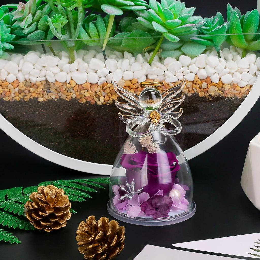 Preserved Flowers Rose in Glass Angel Figurines,Birthday Gifts for Women,Christmas Rose Gifts for Her Women Mom,Valentines Present,Purple Flowers for