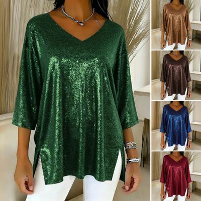 Women Tops V-Neck 45720 Sleeves Loose Fit Pullover Tops Solid Color Loose Fit Glossy Design Casual