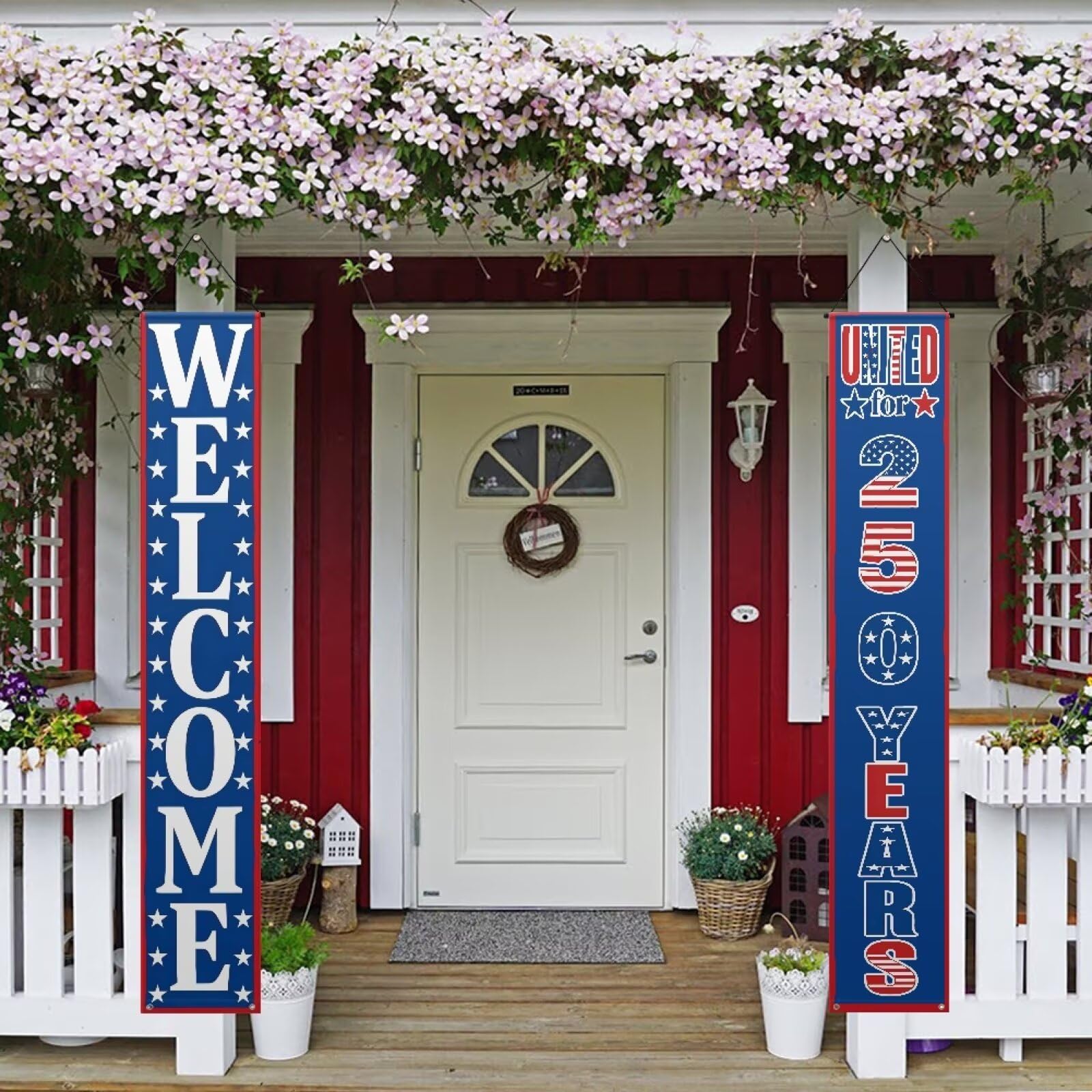 

Vertical Banner Set with Welcome and United for 250 Years Lettering Durable Fabric Hanging Porch Sign for Outdoor Indoor Use One Size