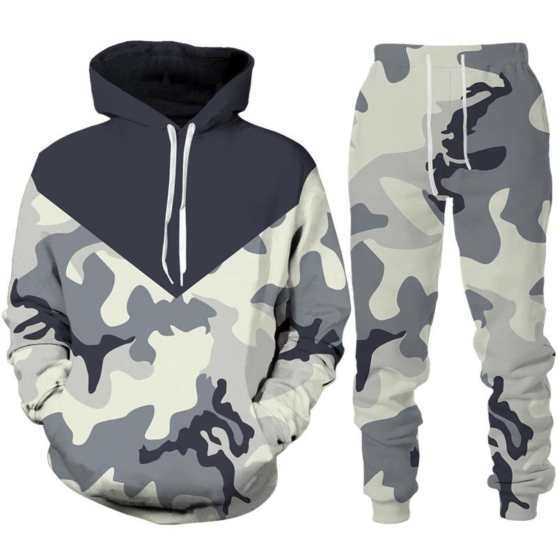 Nuovo Completo Tuta con Cappuccio e Pantaloni da Uomo Camouflage Stampa Felpe con Cappuccio Tute Sportive Casual Abbigliamento alla Moda da Uomo Set da 2pz