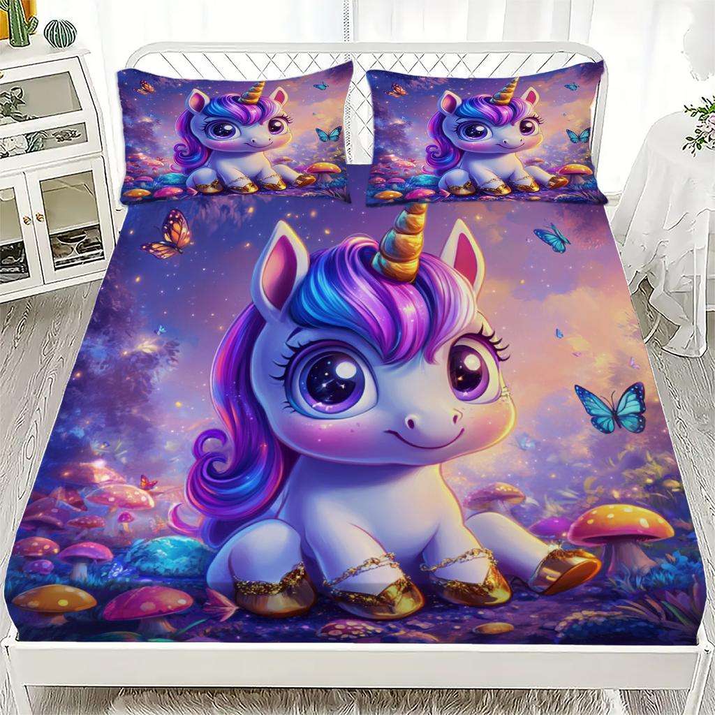 3D Unicorn Pattern Cute Bedding Set Printed Fitted Sheets Set With 1/2 Pillowcases Customized For Boys And Girls Kids Decoc