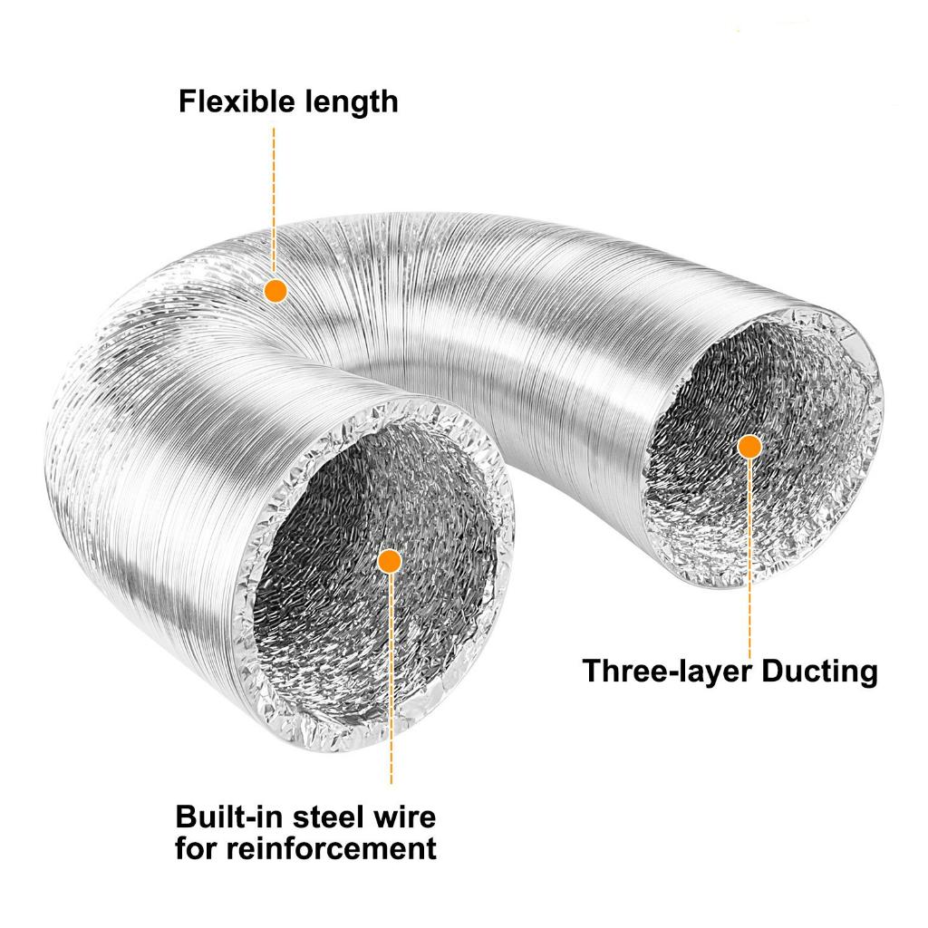 4'' 5'' 6'' 8'' 10'' 12'' inch 8Feet Non-Insulated Flex Air Aluminum Foil Ducting Dryer Vent Hose Ventilation with 2 Clamps