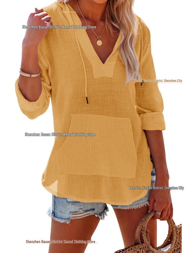 European & Asian 2025 Spring/Summer Women's V-Neck Long Sleeve Beach Hoodie with Pocket