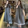 2026 Summer Lace Patchwork Retro Plaid Maternity Dress - Loose Fit, Plus Size