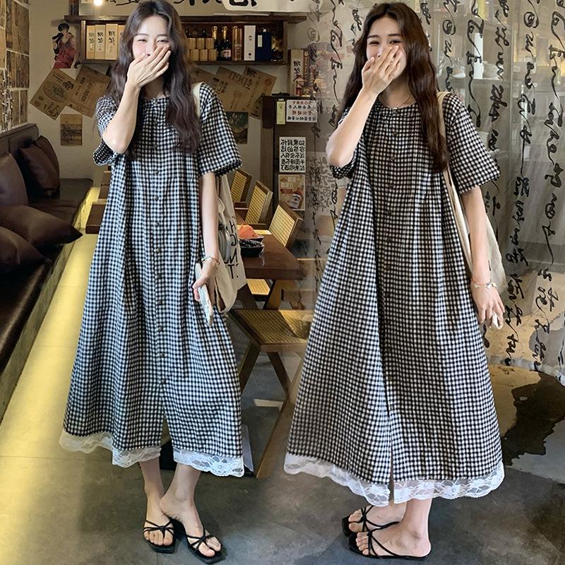 2026 Summer Lace Patchwork Retro Plaid Maternity Dress - Loose Fit, Plus Size