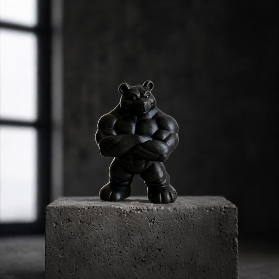 3D Printed Muscle Bear Statue Matte Black Fitness Ornament for Office Bookshelf Gym