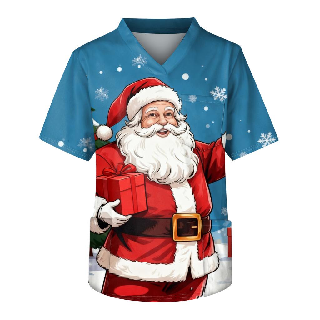 Herre Trykk Kortermet V-hals Arbeidsbluse Brystlomme Omsorgstopp