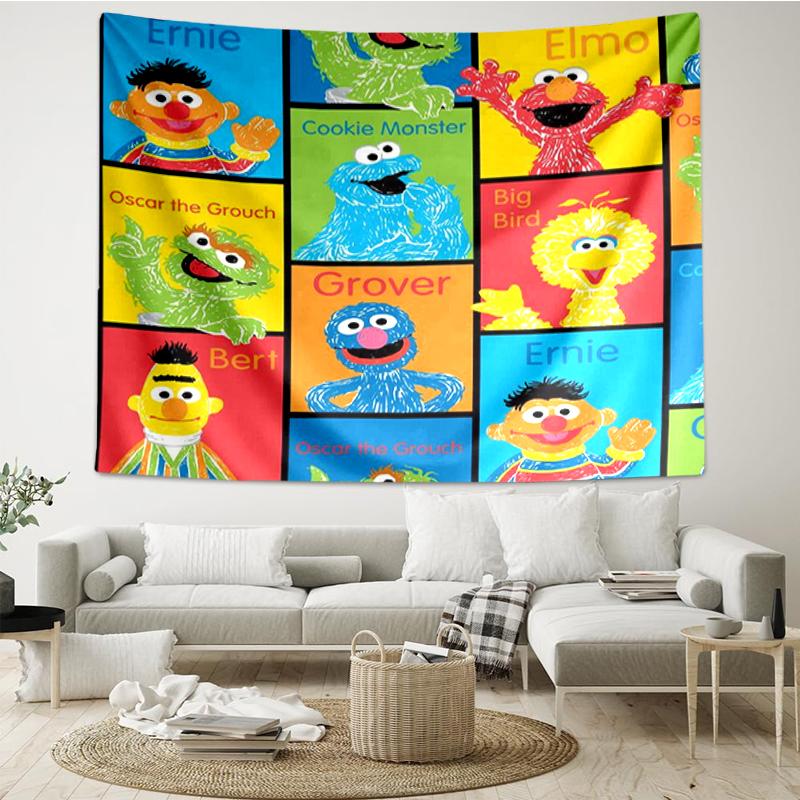 Sesame Street Print Tapestry, Backdrop, Easy Setup, Ideal for Bedroom, Office & Living Room, with Aesthetic Wall Hanging Decor.