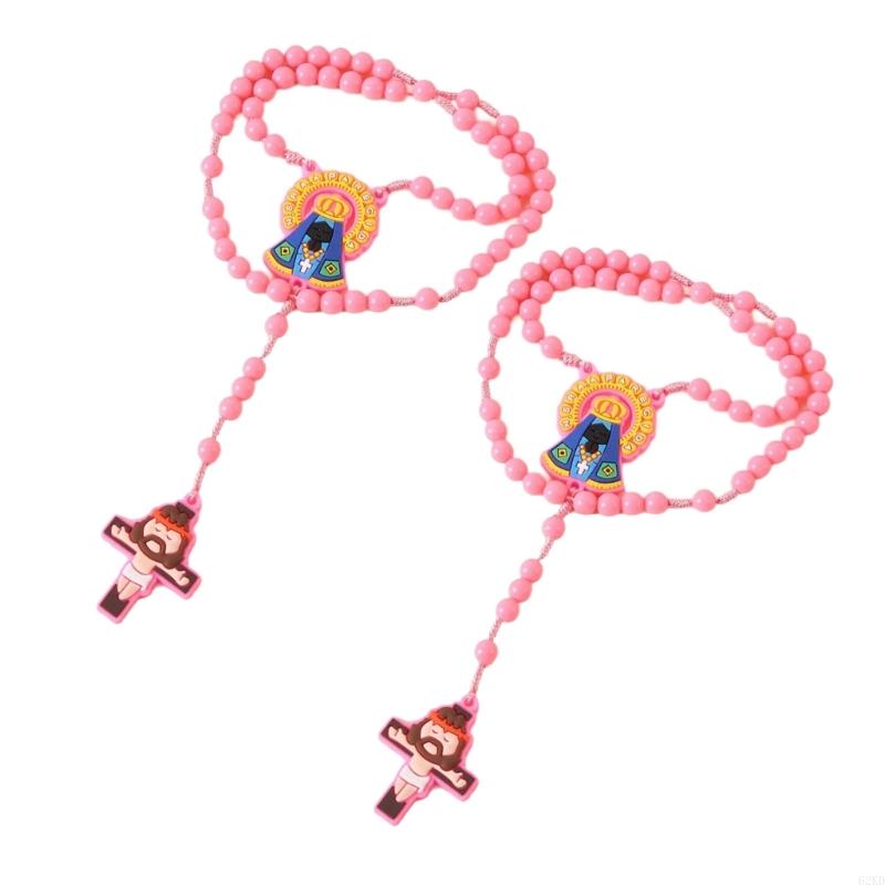 62KD 2Pieces Catholic Children Rosary Necklace Set with Crosses Pendant Acrylic Beads Neck Chain for Religious Event Gift